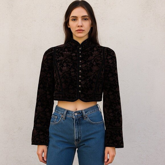 Free People Tripoli Floral Velvet Bolero Jacket Womens Size 2 Cropped Dark Fairy - Picture 1 of 7